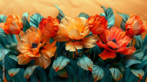 Vibrant floral background. a variety of orange and red flowers with green leaves  set against a beige background.