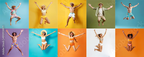 Summer people collection set  diverse people jumping on colorful background  many people funny jump wearing summer outfit fashion ready for swim and summer activity  summertime  beachwear AIG48