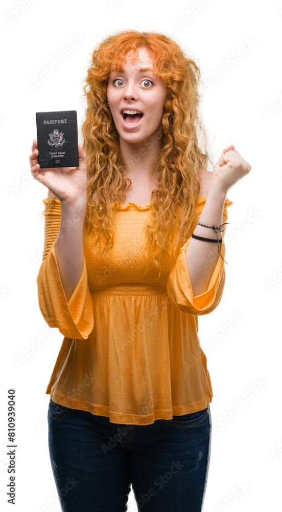 Young redhead woman holding passport of United States of America screaming proud and celebrating victory and success very excited, cheering emotion Young redhead woman holding passport of United States of America screaming proud and celebrating victory and success very excited, cheering emotion