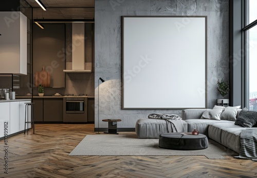 A photo of large wall with white blank poster frame in modern apartment  wood floor and light grey sofa