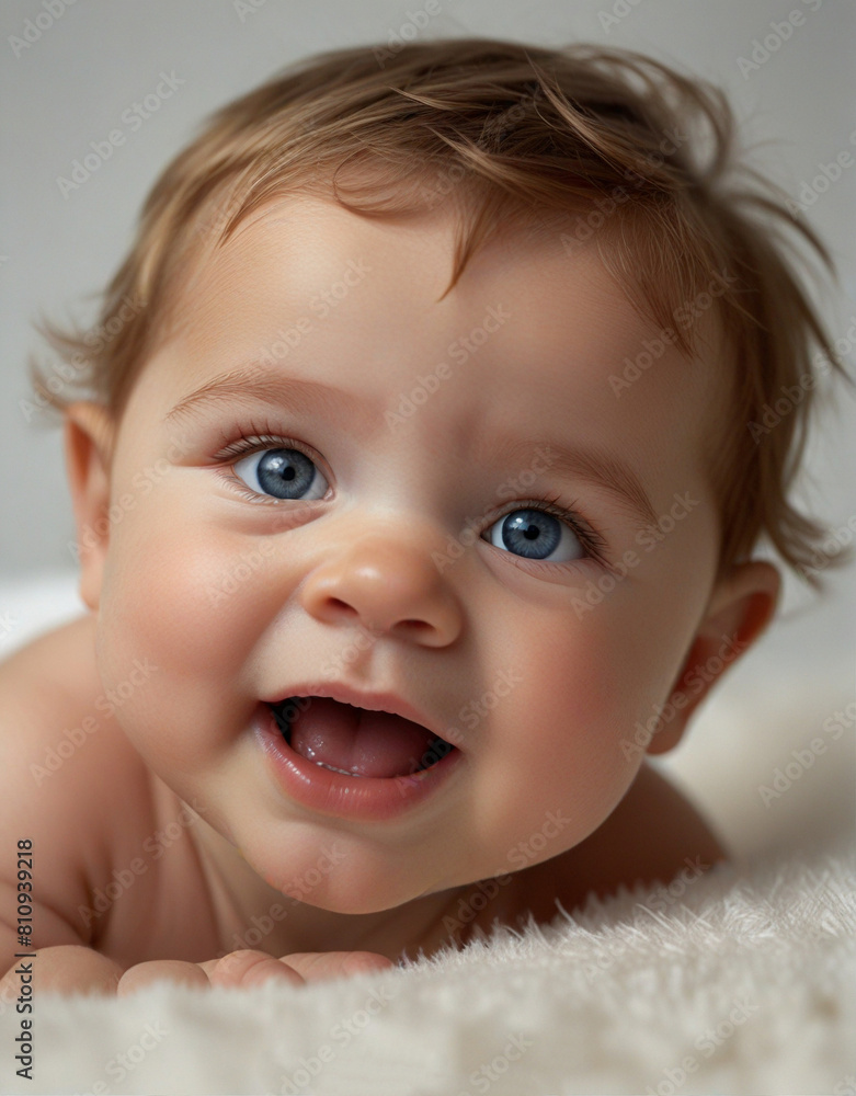 Charming, laughing little baby in diaper crawls with playful, curious expression against white studio background. Concept of childhood, motherhood, life, birth Charming, laughing little baby in diaper crawls with playful, curious expression against white studio background. Concept of childhood, motherhood, life, birth