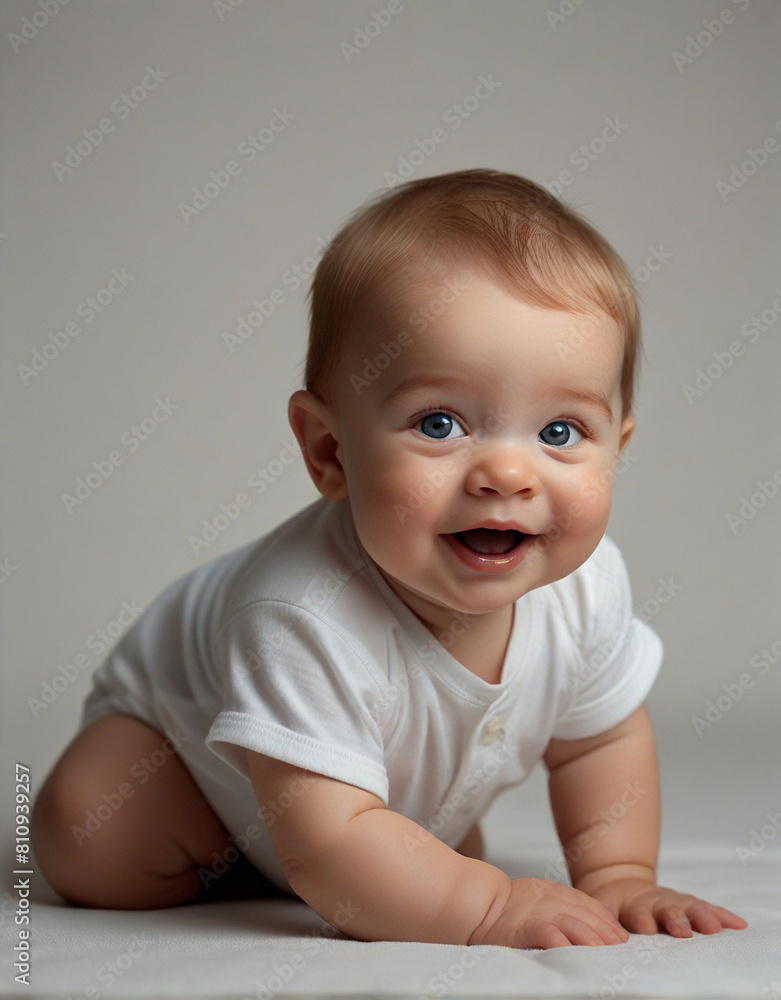 Charming, laughing little baby in diaper crawls with playful, curious expression against white studio background. Concept of childhood, motherhood, life, birth Charming, laughing little baby in diaper crawls with playful, curious expression against white studio background. Concept of childhood, motherhood, life, birth