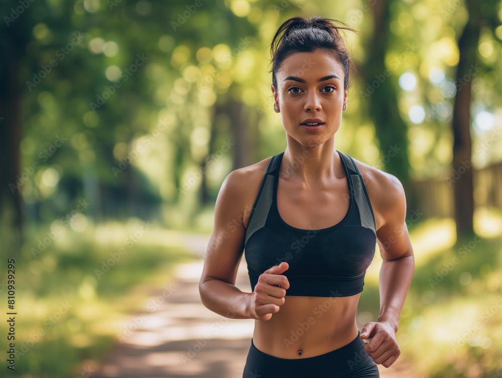 Determined Young Female Athlete Jogging in Sunlit Park Determined Young Female Athlete Jogging in Sunlit Park