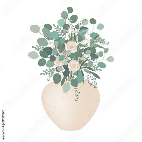 Beige clay vase with eucalyptus branches and roses bouquet isolated on white background. Interior decor element. Floral illustration for design, print, postcards, thank you cards. Vector © Toltemara