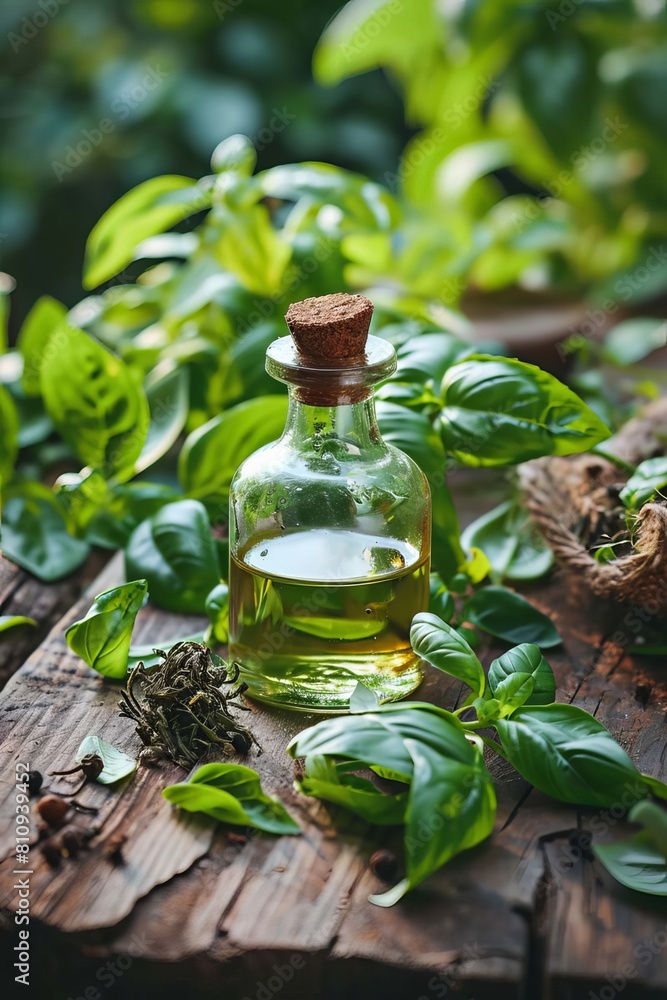 Basil oil on a table in the garden. Selective focus. Basil oil on a table in the garden. Selective focus.