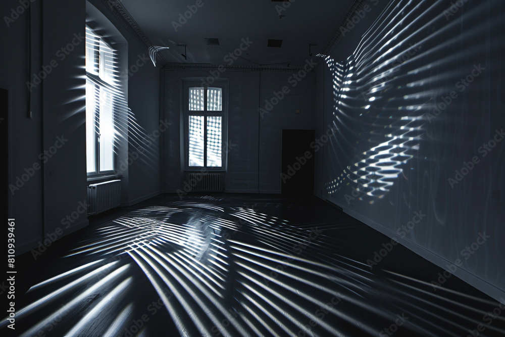 A room bathed in darkness with LED strips creating patterns of light and shadow A room bathed in darkness with LED strips creating patterns of light and shadow