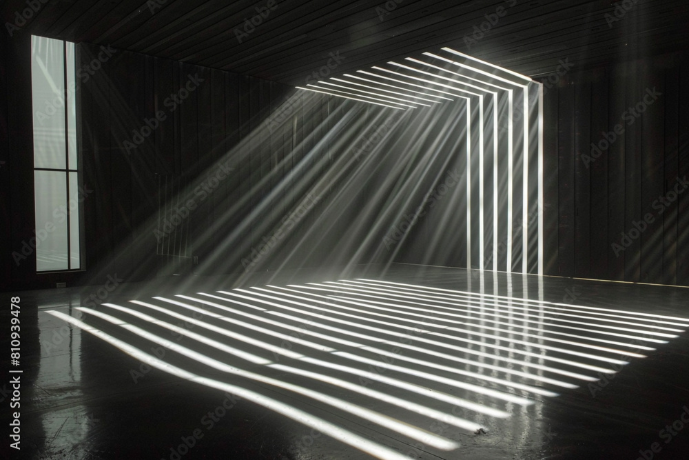 A room bathed in darkness with LED strips creating patterns of light and shadow A room bathed in darkness with LED strips creating patterns of light and shadow