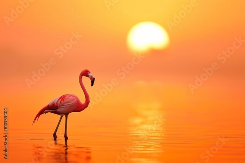 Pink Flamingo Standing in Water at Sunset