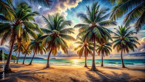 Watercolor Palm Trees on Beach Illustration: Ocean Sea, Isolated on White Background © PhotoPhreak