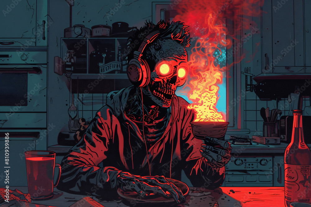 Obraz premium A zombie wearing headphones cooks in the kitchen, blending the undead with everyday activities.
