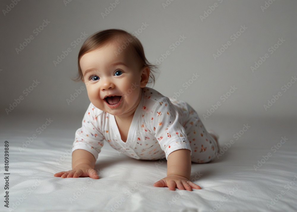 Charming, laughing little baby in diaper crawls with playful, curious expression against white studio background. Concept of childhood, motherhood, life, birth Charming, laughing little baby in diaper crawls with playful, curious expression against white studio background. Concept of childhood, motherhood, life, birth