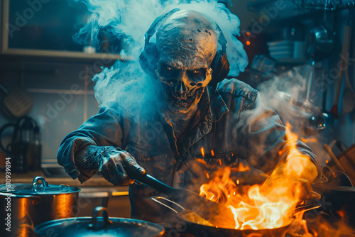 A zombie wearing headphones cooks in the kitchen, blending the undead with everyday activities.