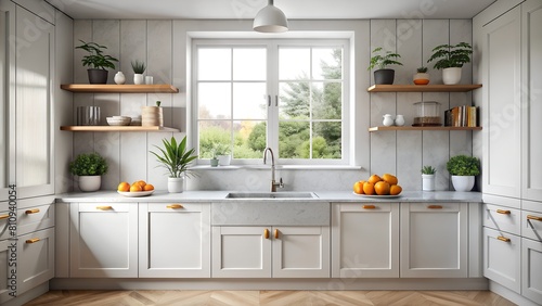 Modern White Minimalistic Kitchen Interior with Stylish Quartz Countertop and Sink