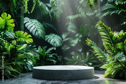 3d products display podium scene. Tropical rainforest in the background