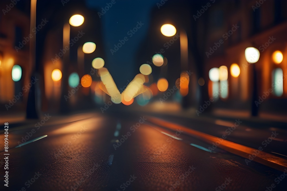 Abstract blurred night street lights background. Defocused image of a city street at night. Generative AI 