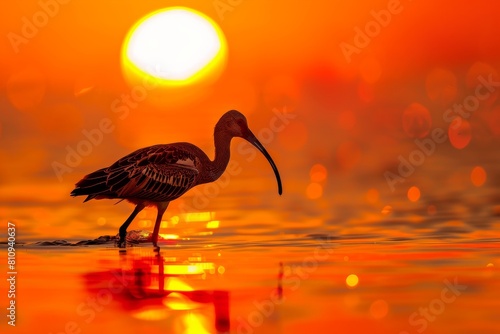 Bird Standing in Water at Sunset