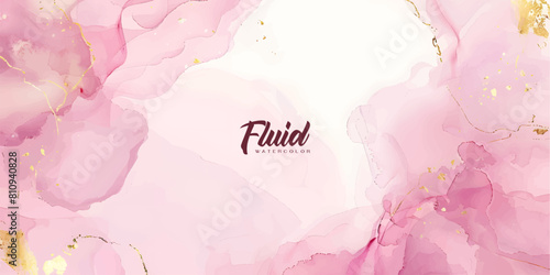 Rose pink liquid watercolor background with golden dots. Dusty blush marble alcohol ink drawing effect. Vector illustration design template for wedding