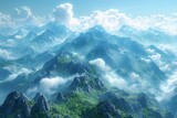 Cloudcovered mountain range with snowcapped peaks viewed from above
