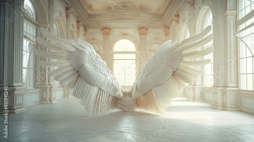 Grand White Angel Wings Backdrop in a Sunlit Rustic Palace with Cinematic Lighting photo