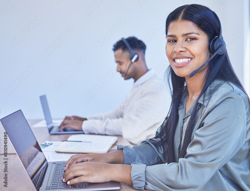 Laptop, tech support or portrait of Indian woman in call center on headset for telemarketing consulting. Face, smile or consultant typing in telecom agency for communication, sales or advice online Laptop, tech support or portrait of Indian woman in call center on headset for telemarketing consulting. Face, smile or consultant typing in telecom agency for communication, sales or advice online