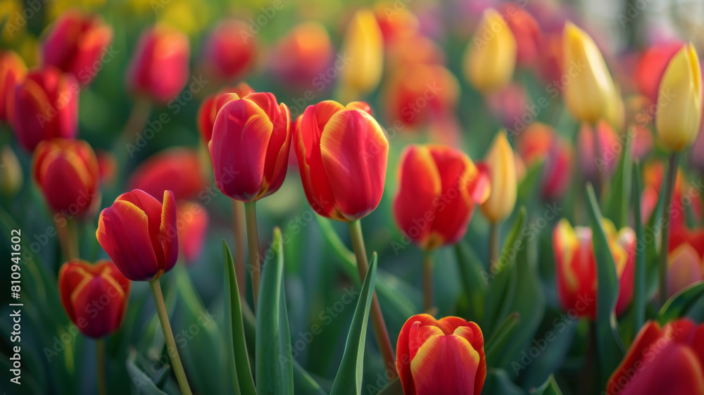 A field of red and yellow tulips