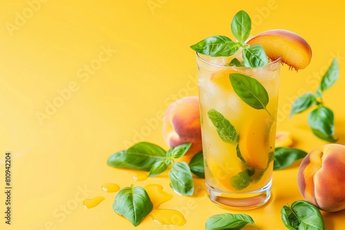 Glass of Peach Tea With Mint Leaves on Yellow Background
