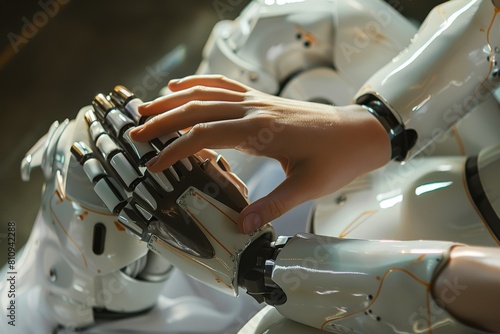 A glowing metal robot arm and a girl's hand on a dark background. Human-robot interactions. Robotics, modern technologies. Beautiful simple AI generated image in 4K, unique.