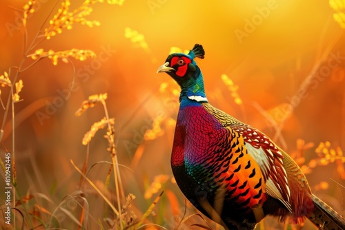 Colorful Bird Standing on Top of Grass Covered Field