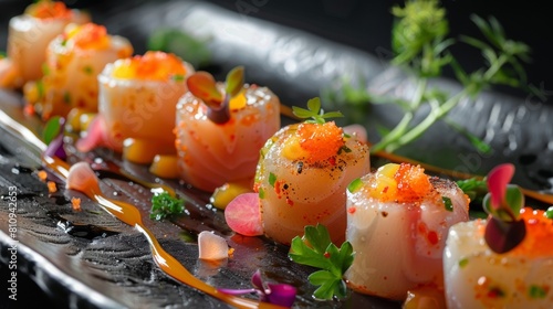 Exquisite presentation of scallop ceviche garnished with colorful edible flowers and microgreens on a sleek photo