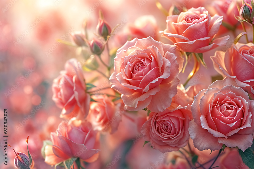 Obraz premium Blooming pink roses in sunlight blurred bokeh background. Garden flowers in soft glow