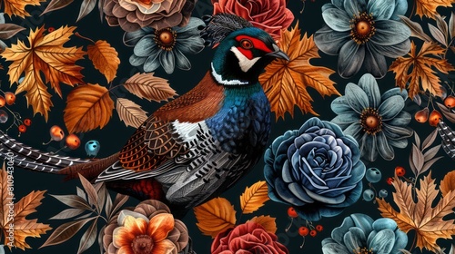 Pheasant and blue roses seamless pattern. photo