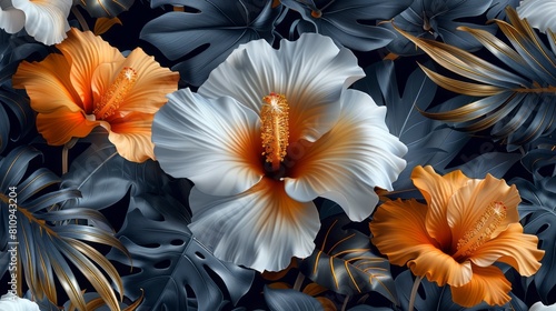 Vibrant orange and white hibiscus flowers with dark blue leaves