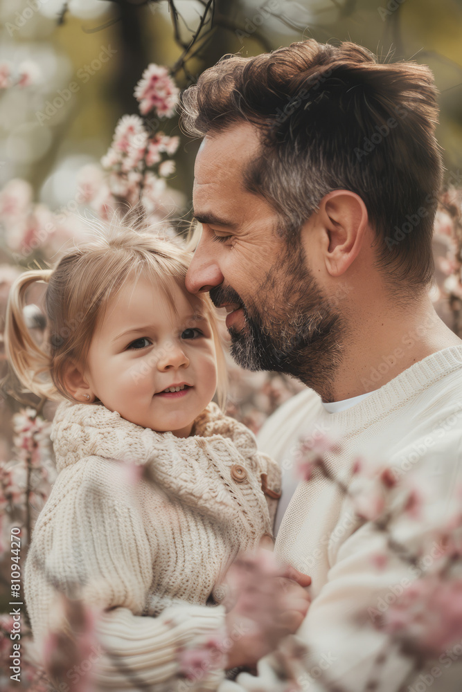 Obraz premium A dad gazing affectionately at his daughter in the springtime nature. Father's Day concept.