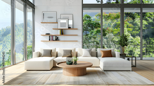 Interior of a modern living room featuring a panoramic window, shelves, and a mockup frame