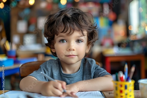 Education, drawing portrait or boy child in classroom learning, exam or studying with preschool notebooks. Development or kids or happy student with creative art writing for knowledge in kindergarten