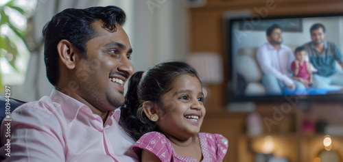 A delighted Indian father in his 30s sits with his daughter at home, watching an interesting video on a kids' channel online. They bond over the shared experience, enjoying their leisure time together