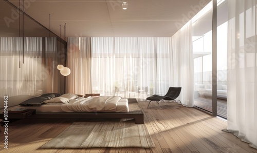 A sleek and modern bedroom with minimalist decor, featuring a large bed in the center of an open floor plan
