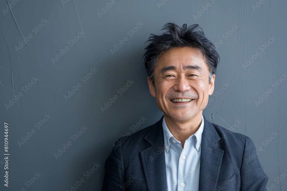 A happy middle-aged Japanese business man is looking away at copy space. The smiling, confident 50-year-old mature professional businessman, executive, CEO, manager, or entrepreneur stands against a A happy middle-aged Japanese business man is looking away at copy space. The smiling, confident 50-year-old mature professional businessman, executive, CEO, manager, or entrepreneur stands against a