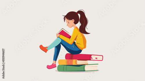 Kid girl sitting Stack of books Vector illustration.