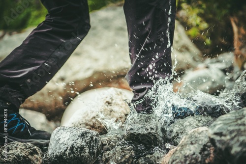 Mountain Hiker stepping into Water with His Waterproof Shoes photo