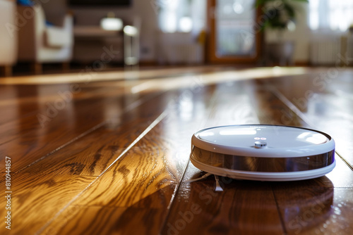 A sleek, white floor cleaning robot glides across a polished, wooden floor, leaving a trail of sparkling cleanness in its wake photo