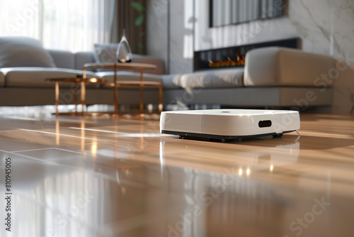 A sleek, white floor cleaning robot glides across a polished, wooden floor, leaving a trail of sparkling cleanness in its wake photo