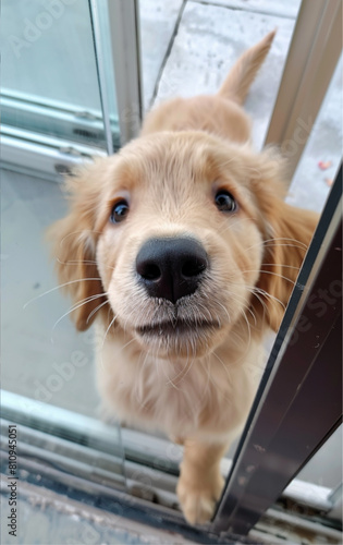 A lovely sight of a Golden Retriever puppy standing up and trying to approach a person. 