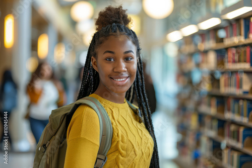 A smiling cute pretty African American girl, a positive female teenage high school student, stands in the modern university or college campus library holding her backpack and looking at the camera. © Volodymyr