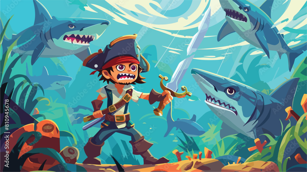 Kid Pirate with sword with fin sharks Vector illustration