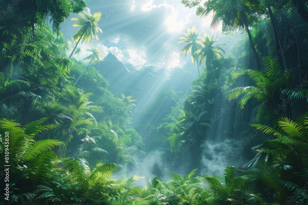 Sunlight filters through jungle trees, illuminating the natural landscape
