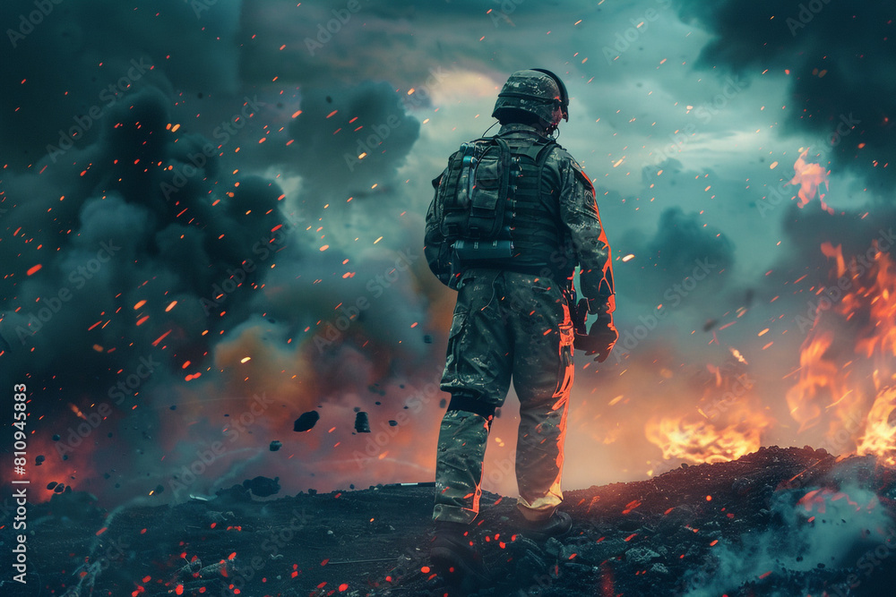 A soldier equipped with advanced tactical gear standing on a futuristic battlefield A soldier equipped with advanced tactical gear standing on a futuristic battlefield
