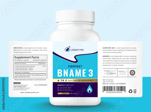 Food supplement multi vitamin label sticker design and dietary omega bottle jar box packaging.