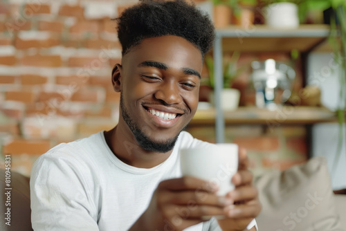A young smiling handsome African American man holds a smartphone while enjoying a cup of tea or coffee at home. He looks relaxed and happy as he browses an ecommerce shop on his mobile device, adding