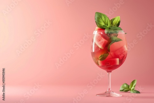 Refreshing Glass of Watermelon and Basil on Pink Background